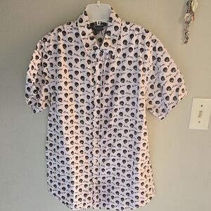 Bob Ross Retro Face Button Up Shirt in a white and black all-over print Size S